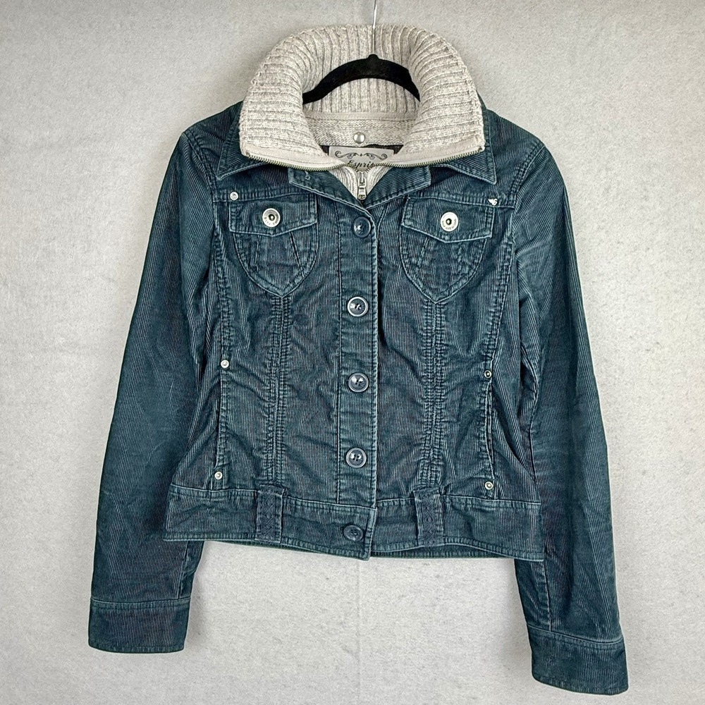 Vtg Esprit Teal Corduroy Trucker Jacket Removable‎ Lambswool Dickey Y2K Size S